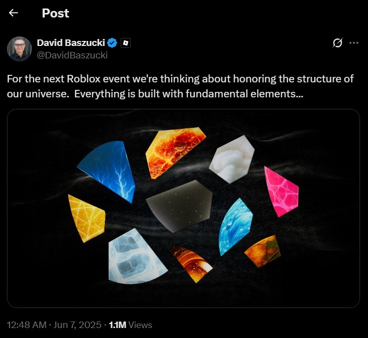 a tweet inside twitter by david baszucki with the handle '@DavidBaszucki'. the tweet reads 'For the next Roblox event we're thinking about honoring the structure of our universe.  Everything is built with fundamental elements...' with an attached image. the image shows 10 random elements scattered across in the shape of egg shells.